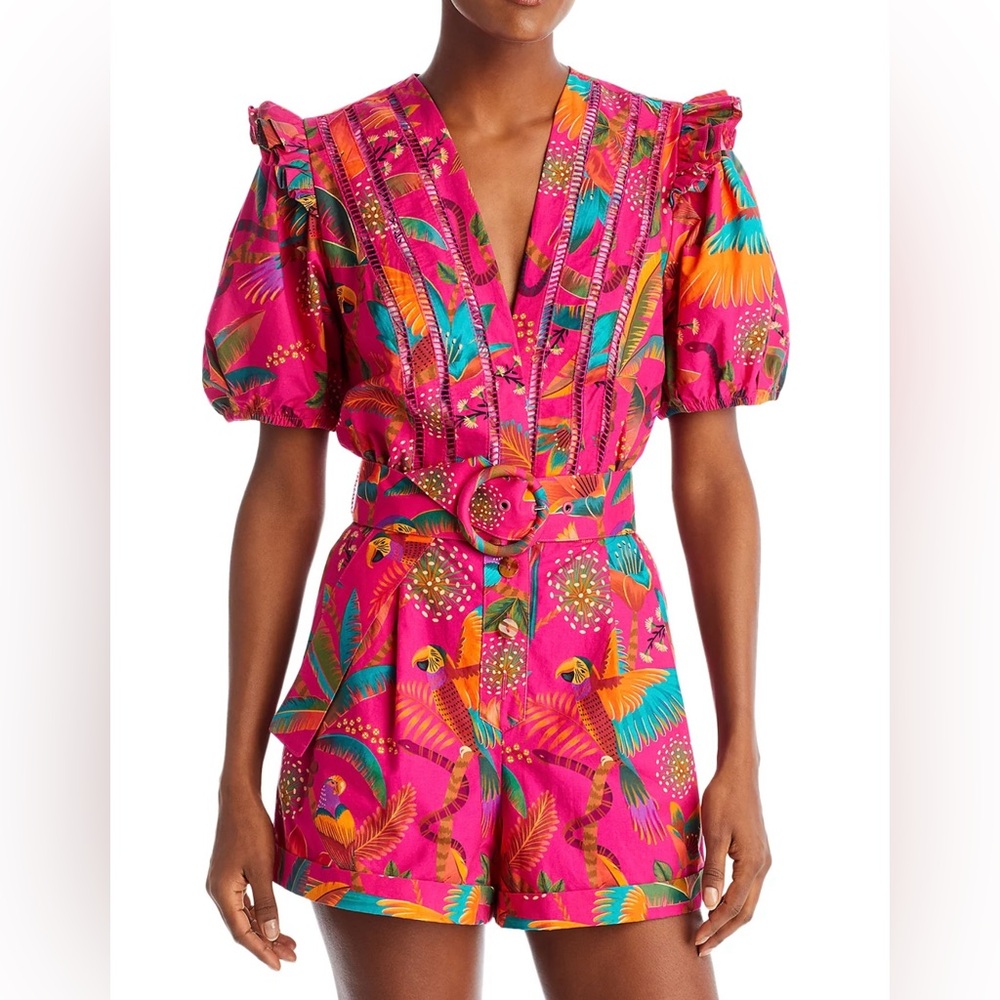 Farm Rio pink macaw party blend romper